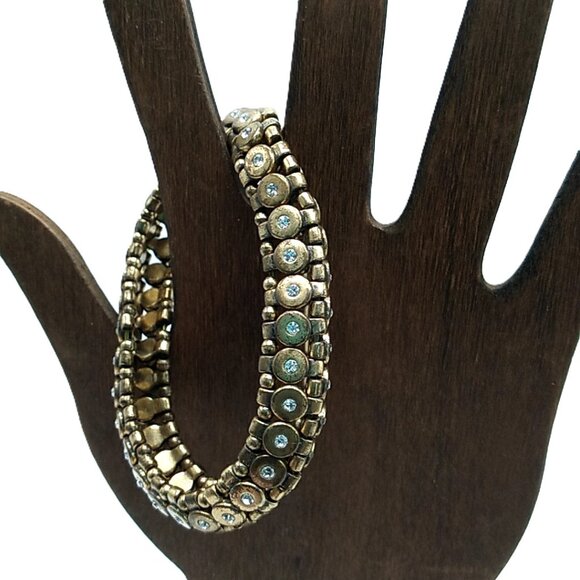 J. Crew Brushed Brass-tone Rhinestone Stretch Bracelet Signed - Picture 5 of 8